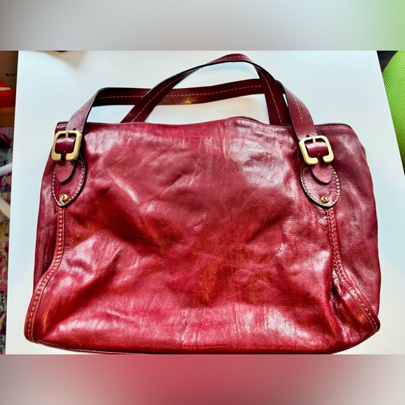 Vintage Frye leather zip tote satchel cherry red leather boho - Picture 3 of 16